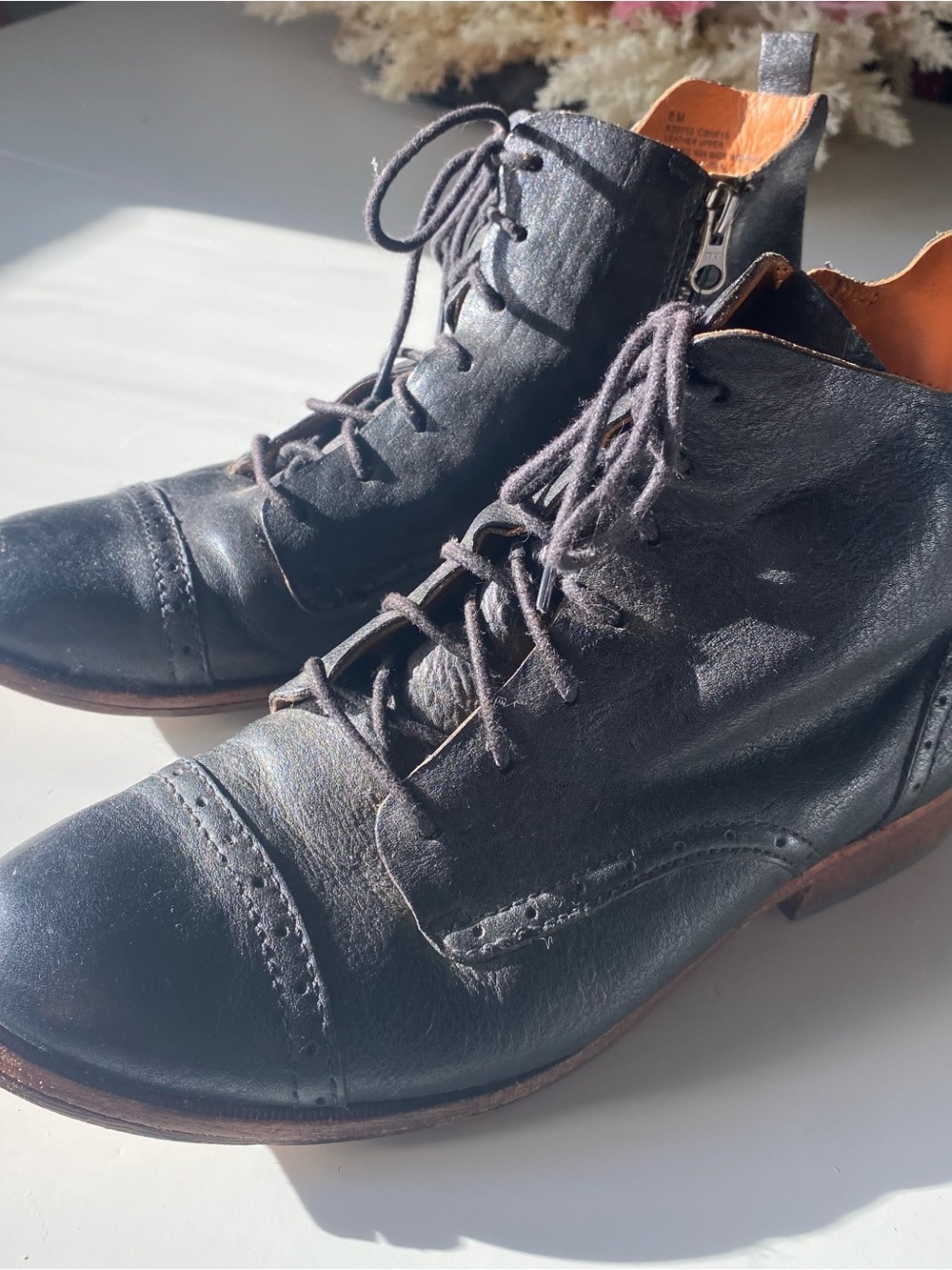 Black Leather Lace-Up Cap-Toe Boots